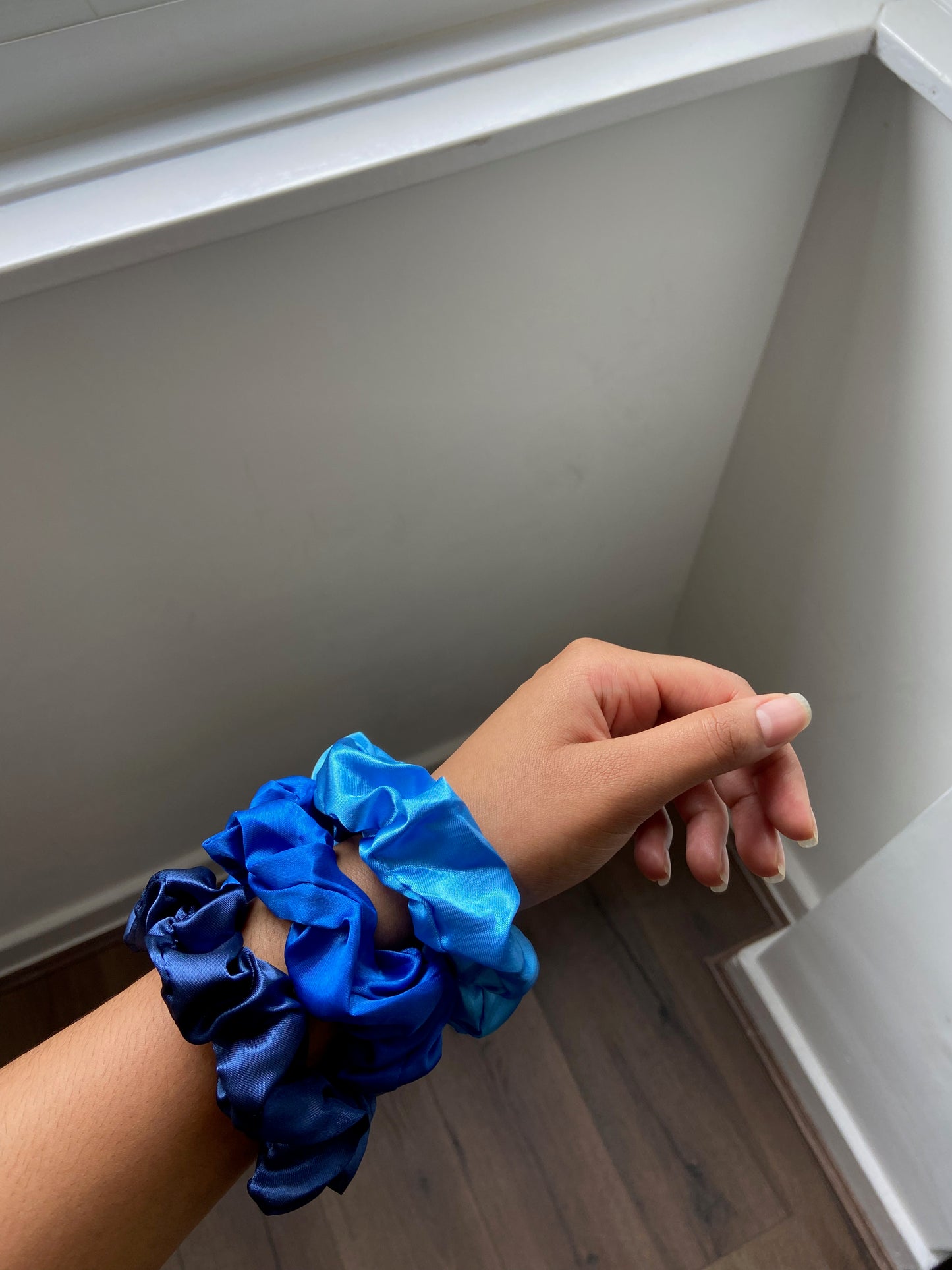 BLUE SATIN SCRUNCHIES - PACK OF 3